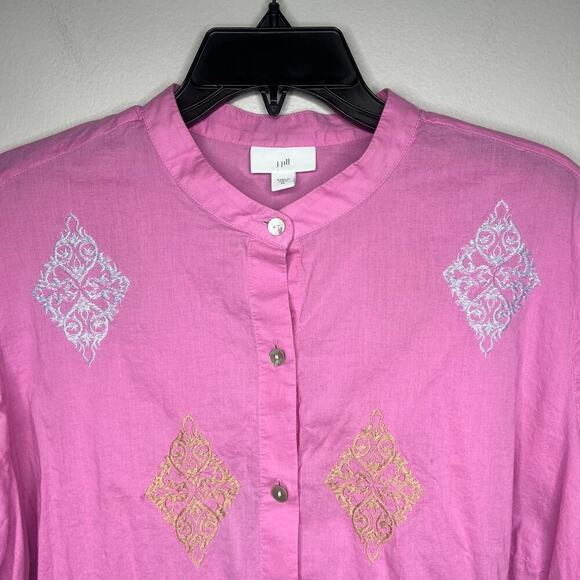 J. Jill Embroidered Button Up Tunic Top Shirt Sz XL Pink Cotton Casual Mature - Picture 3 of 9